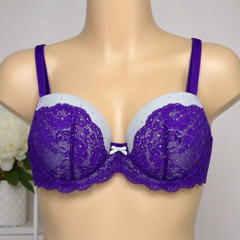 Victoria's Secret Dream Angels Lined Demi Bra 34D Purple Lace Crystal Studded